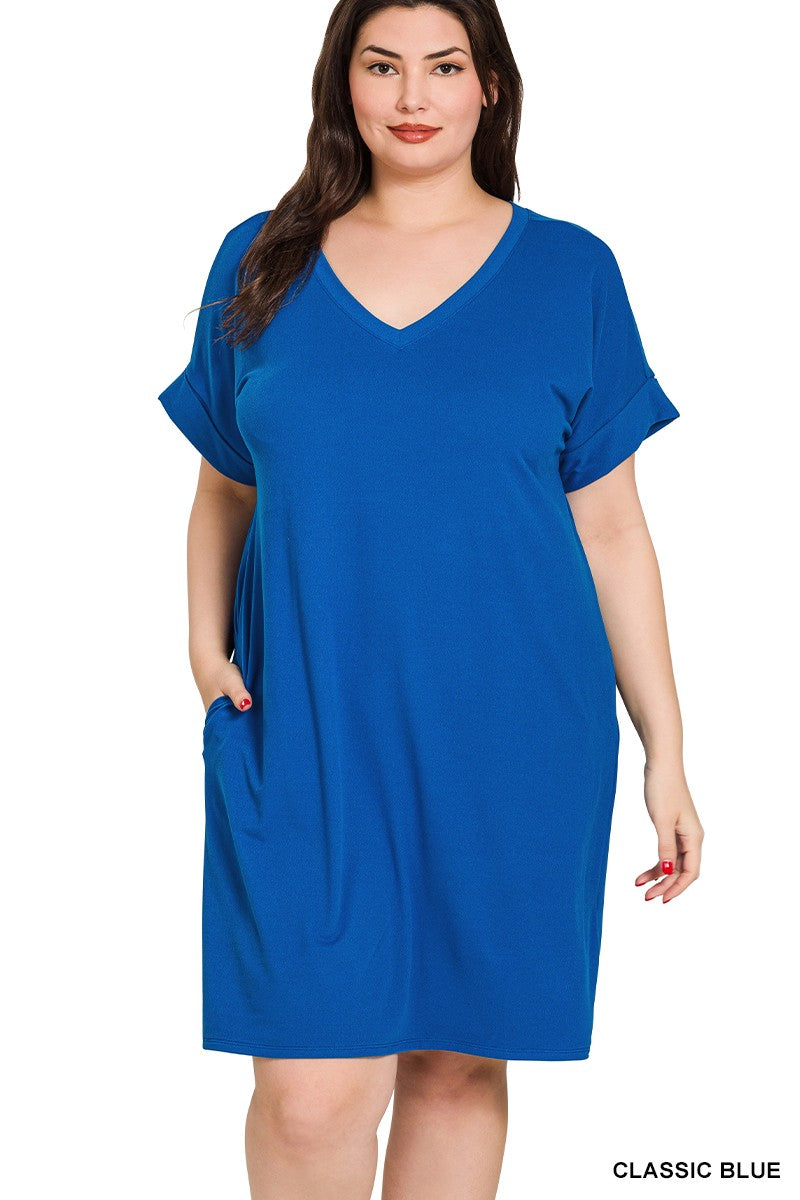 Solid Blue Dress w Pockets – Plus Size For Us