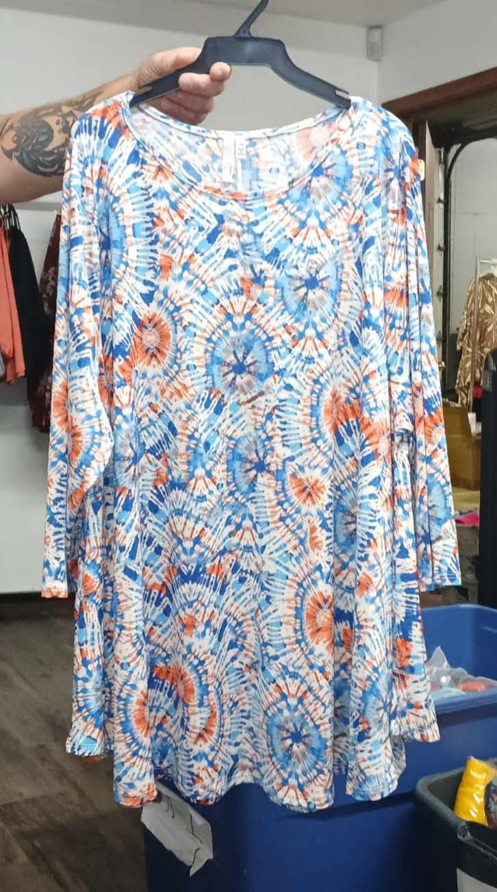 Blue Red Tie Dye Shirt Top 3Qtr Sleeves