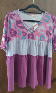 Pink Purple Blue X Neck Leopard Colorblock Shirt Top