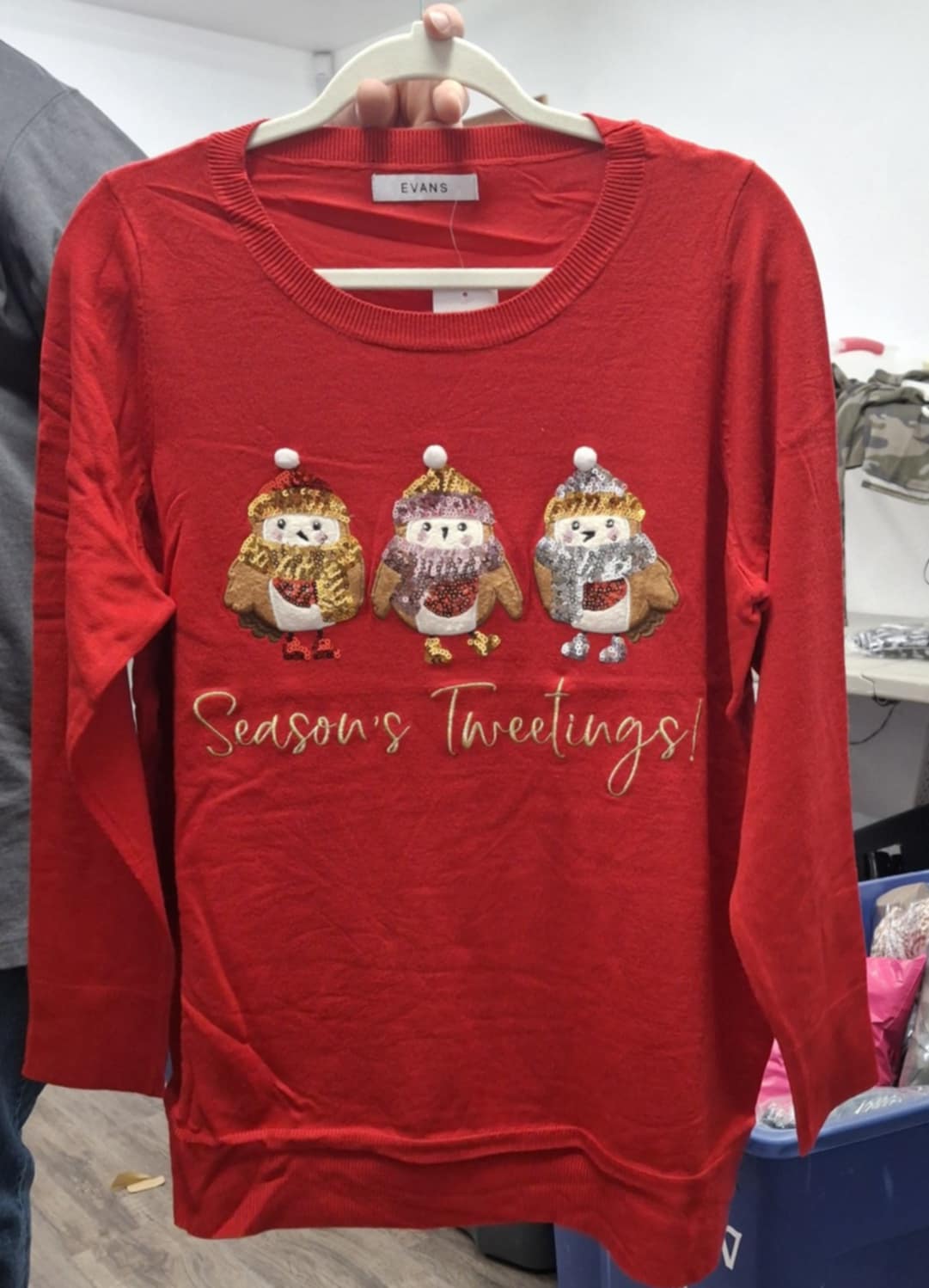 Red Seasons Tweeting Sequin Shirt Top Owl Bird
