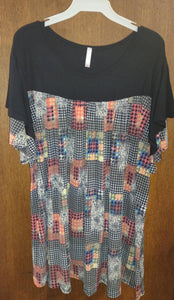Black Shirred Houndstooth Square Shirt Top
