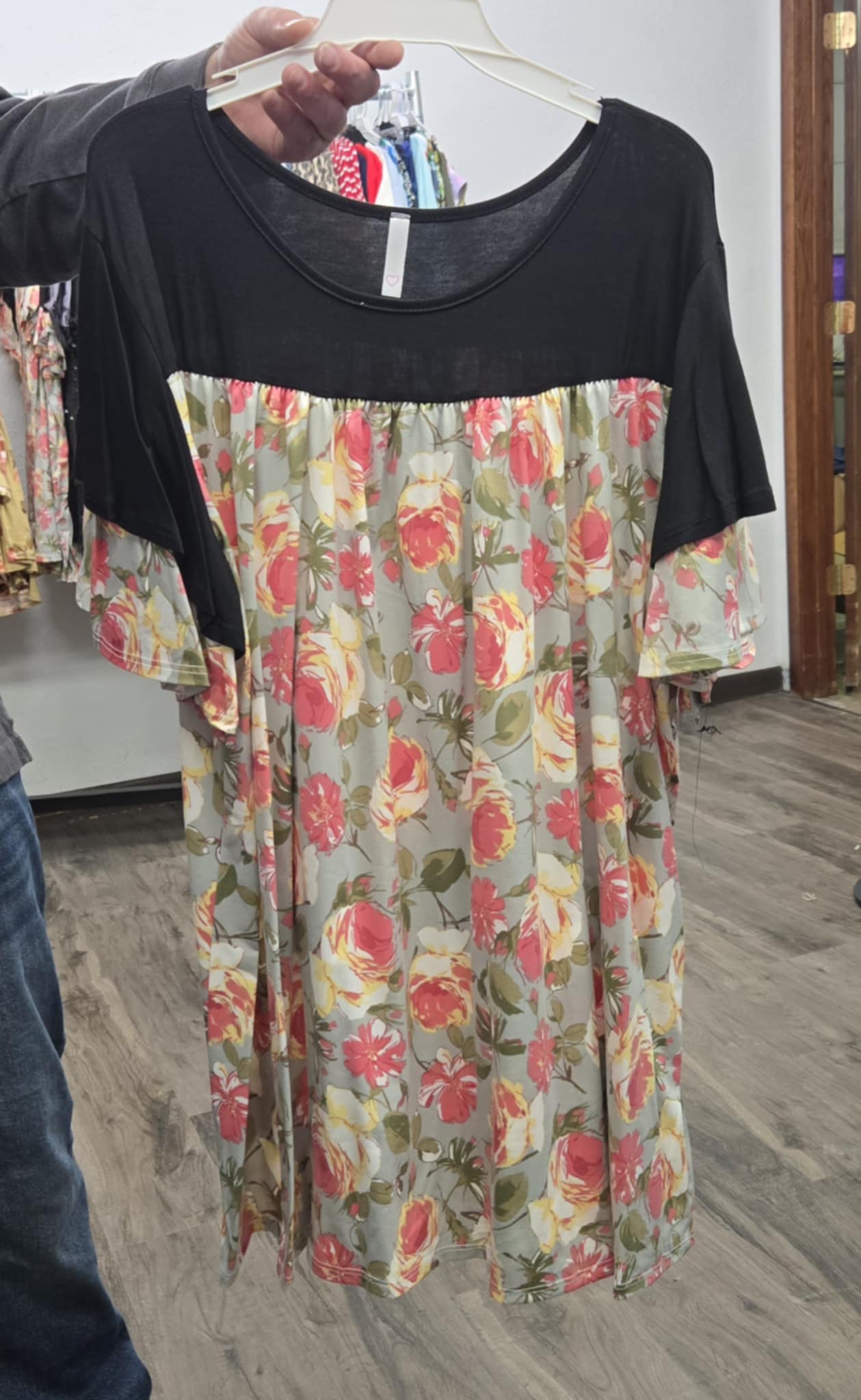Black Gray Green Pink Floral Shirred Shirt Top