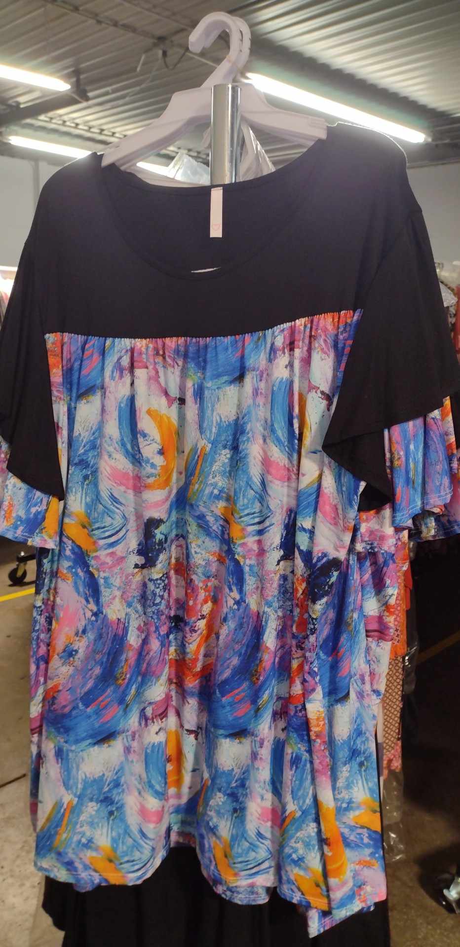Black Shirred Upper Blue Purple Swirl Design Tunic Shirt Top