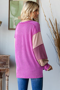 Pink Purple Colorblock Bubble Sleeve Shirt Top