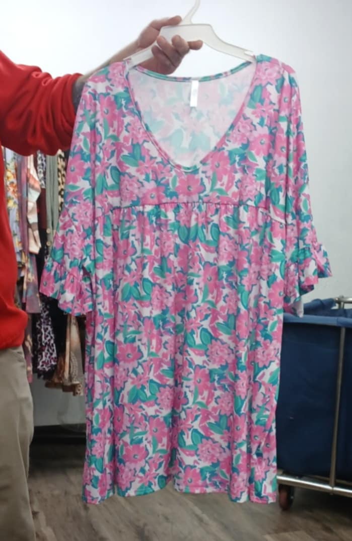 Beautiful Pink Floral Shirred V Neck Shirt Top