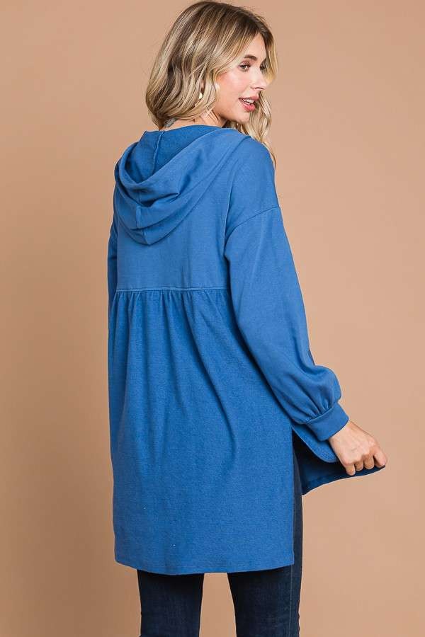 Blue Ruched Zip Up Hoodie