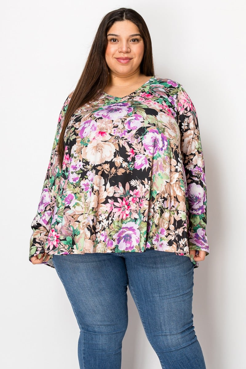 Black Purple Pink Floral Long Sleeve Shirt Top