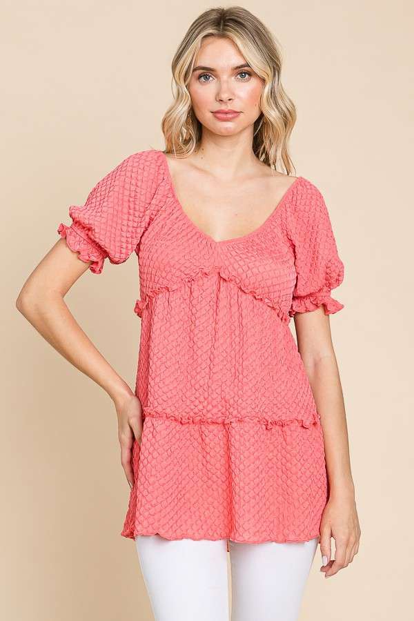 Pink Bubble Knit Puff Sleeve Peasant Shirt Top