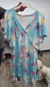 Blue Pink Flag Star USA Shirt Top