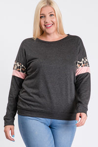Gray Shirt Top with Pink Leopard Sleeves