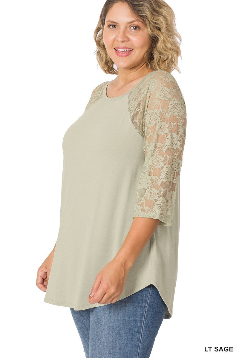 Light Sage Lace Sleeve Shirt Top