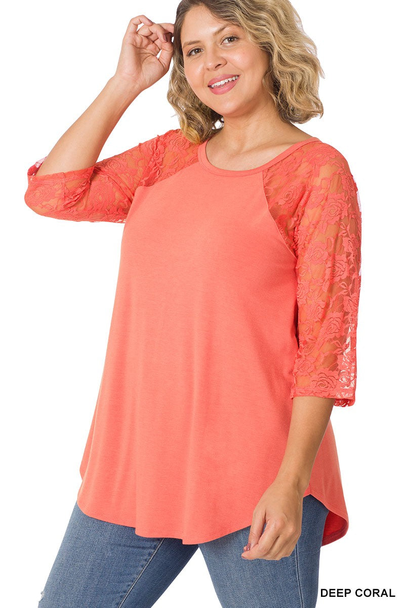 Coral Lace Sleeve Shirt Top