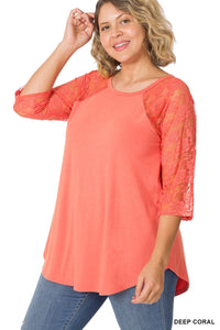 Coral Lace Sleeve Shirt Top