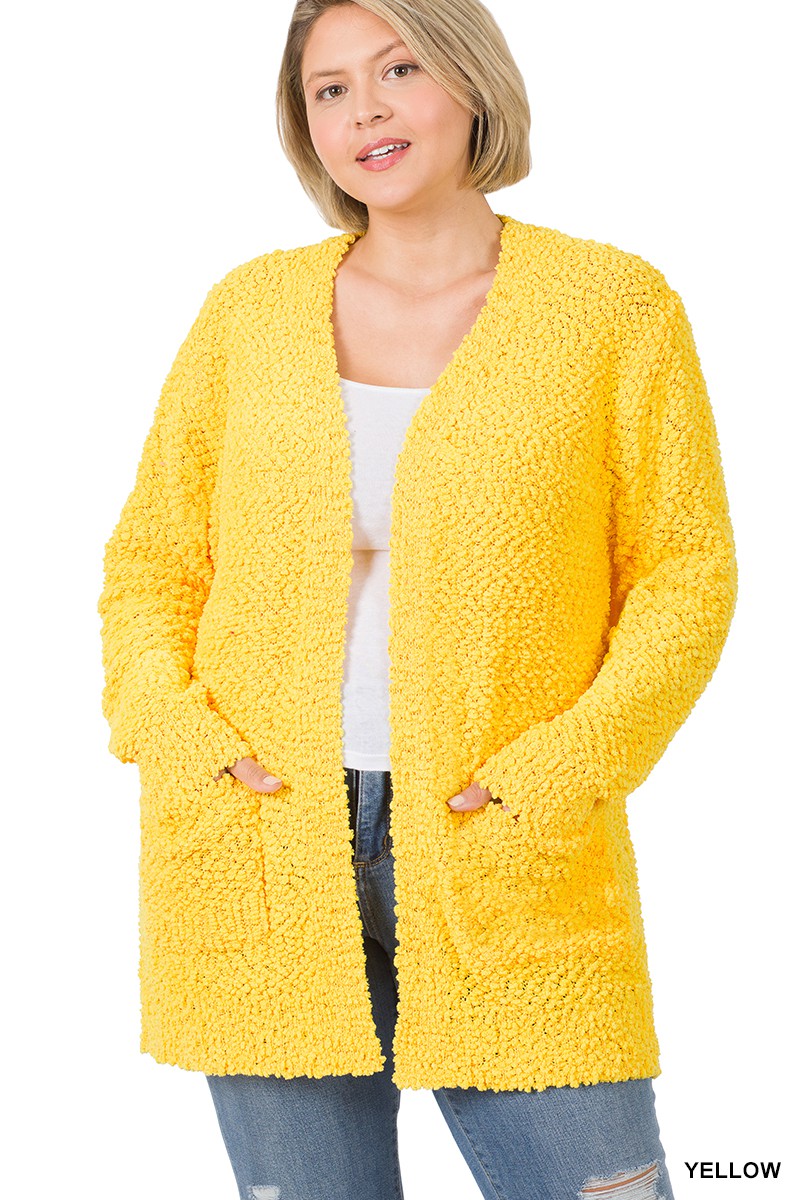 Yellow Popcorn Sweater Cardigan with Pockets