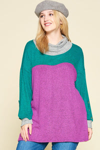 Magenta & Emerland Hacci Cowlneck Shirt Top Button Sleeve Detail