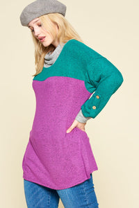 Magenta & Emerland Hacci Cowlneck Shirt Top Button Sleeve Detail