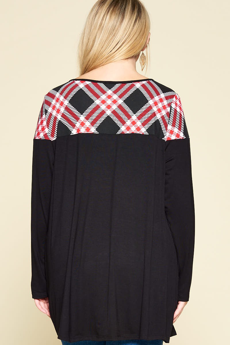 Black & Red Plaid Neckline Tunic Top Shirt