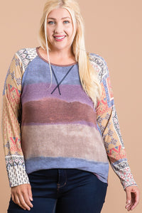 Blue Purple Stripe Patchwork Sleeve Shirt Top