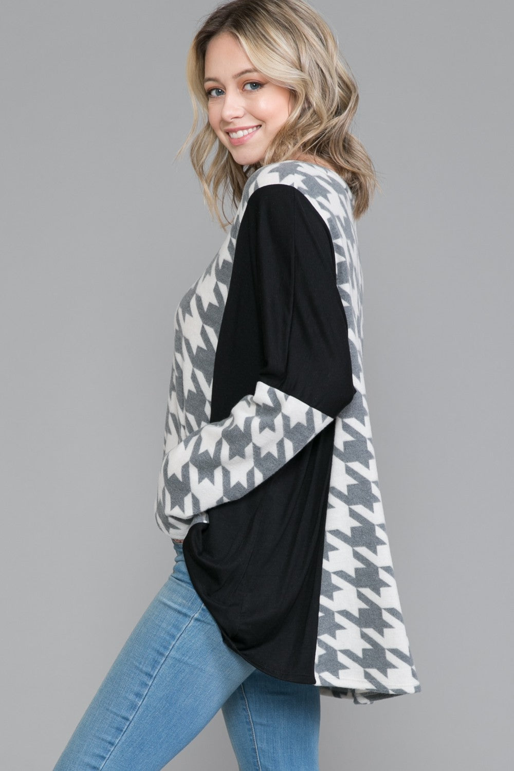 PSFU Black & Gray Grey Houndstooth Print Shirt Top
