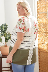 Stripe Green Floral Colorblock Shirt Top w Lace Back