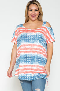 PSFU Red White Blue USA Stars Stripes 1 Cold Shoulder Shirt Top