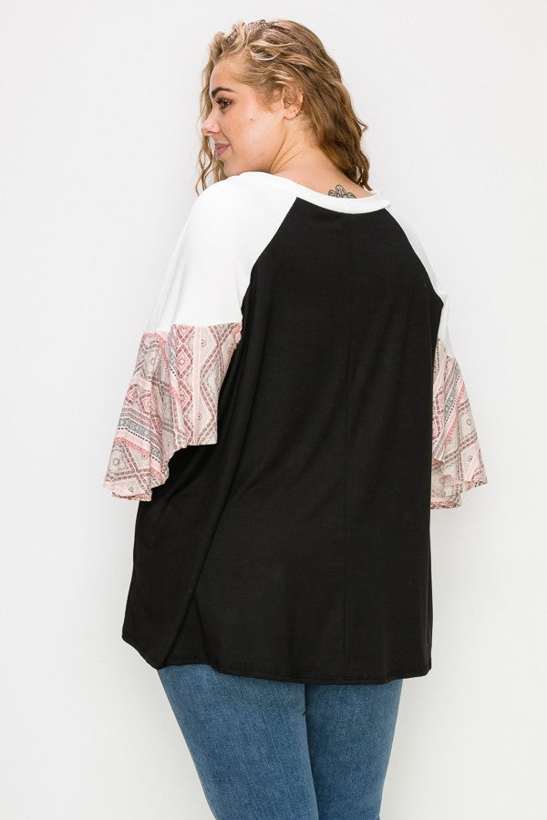 PSFU Black Top Pink Aztec Ruffle Sleeve