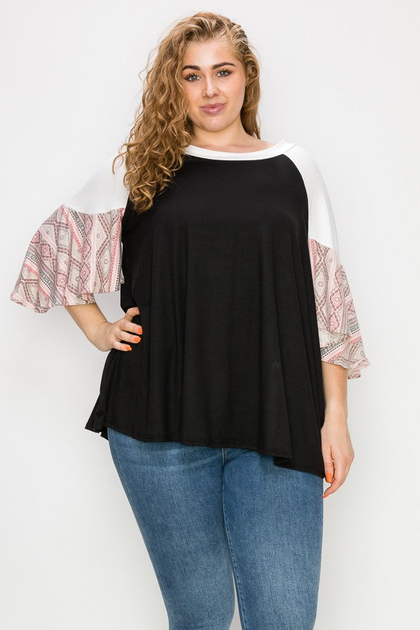 PSFU Black Top Pink Aztec Ruffle Sleeve
