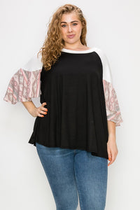 PSFU Black Top Pink Aztec Ruffle Sleeve