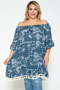 PSFU Teal Blue On or Off Shoulder Shirt Top Tunic w Tassels