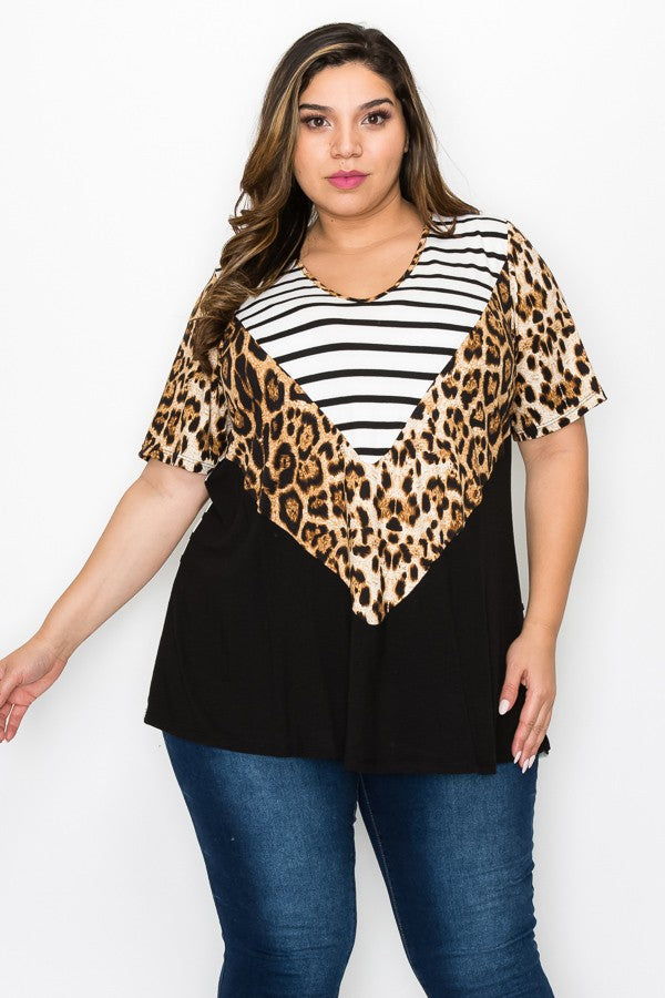 PSFU B&W Stripe Leopard Black Colorblock Shirt Top