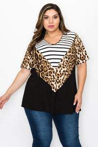 PSFU B&W Stripe Leopard Black Colorblock Shirt Top