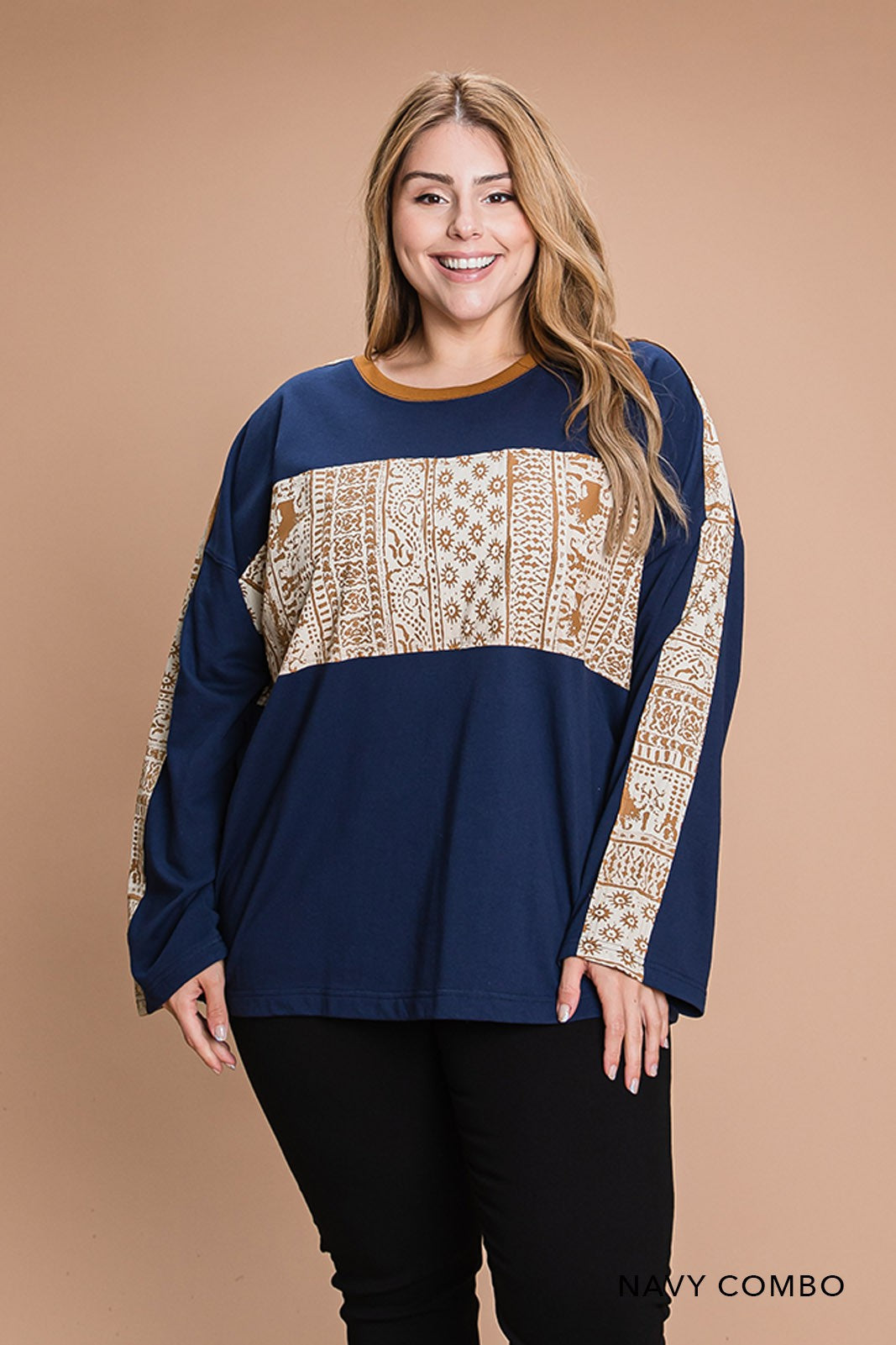Navy Beige Washed Cotton Contrast Printed Detail Shirt Top
