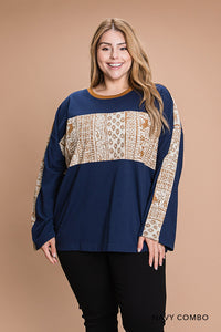 Navy Beige Washed Cotton Contrast Printed Detail Shirt Top