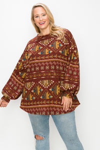 Aztec Print Shirt Top w Bubble Sleeves