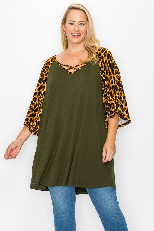PSFU Olive Green Leopard Sleeves and X Neck Shirt Top