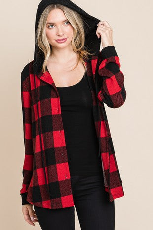 Red Black Plaid Button Up Hoodie Hooded Shirt Top