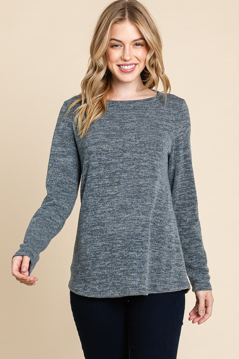 Gray Solid Knit Shirt Top with Back Lace Detail