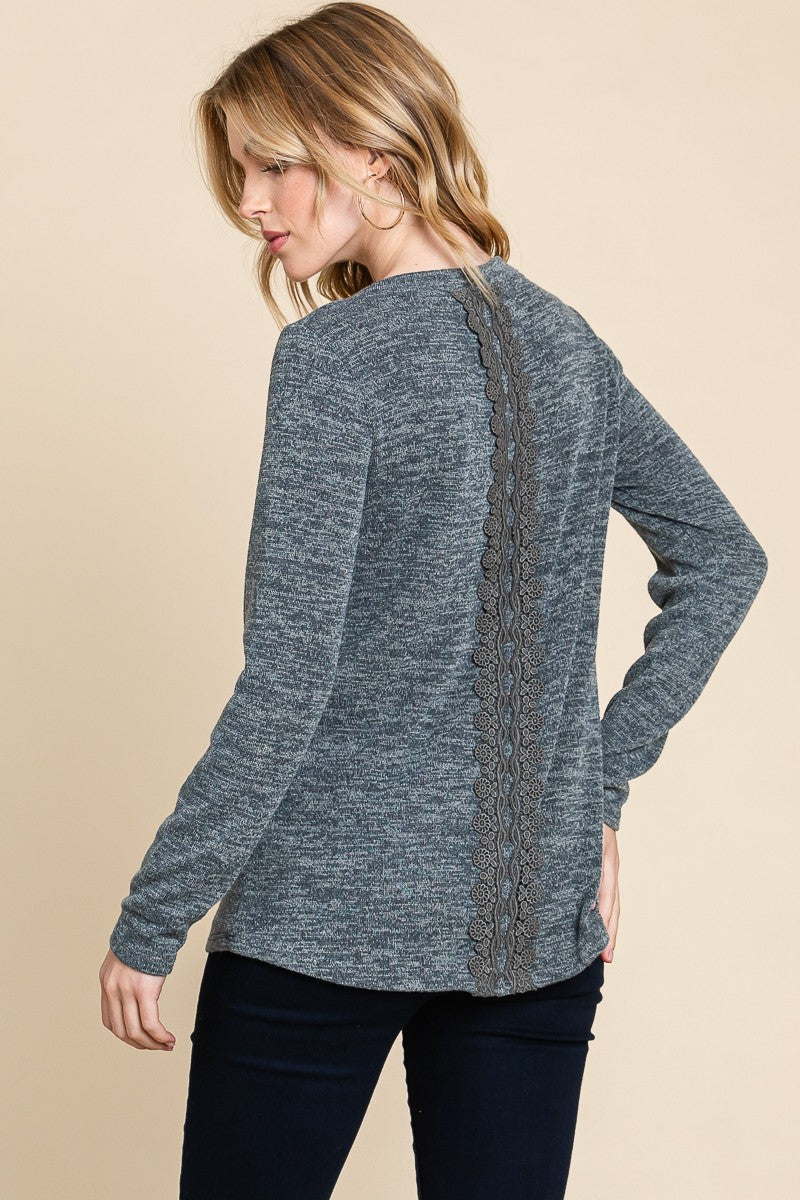 Gray Solid Knit Shirt Top with Back Lace Detail