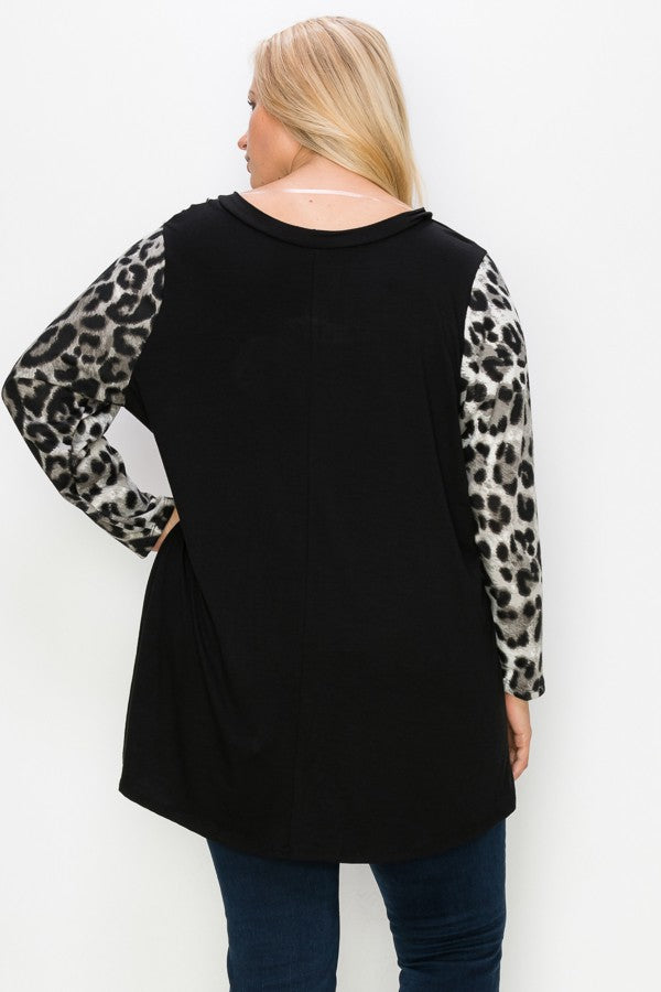 PSFU Black Shirt Top with Stripes and Leopard Sleeves