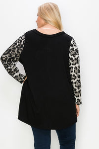 PSFU Black Shirt Top with Stripes and Leopard Sleeves