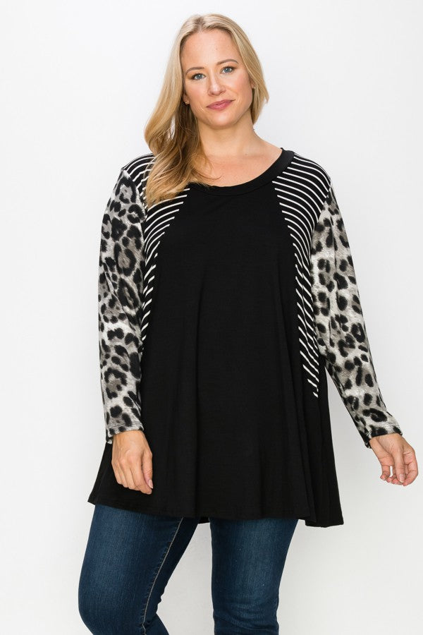PSFU Black Shirt Top with Stripes and Leopard Sleeves