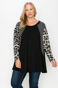 PSFU Black Shirt Top with Stripes and Leopard Sleeves