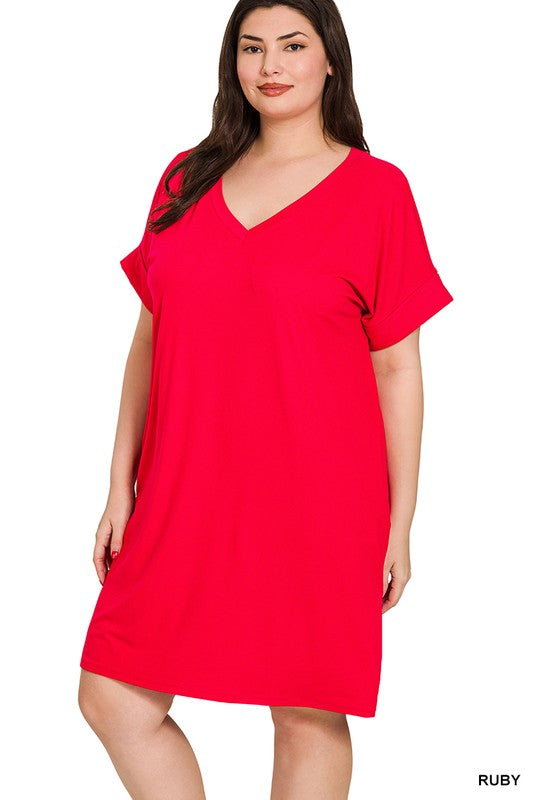 Solid Red Dress with Cuff Sleeves
