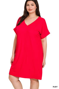 Solid Red Dress with Cuff Sleeves