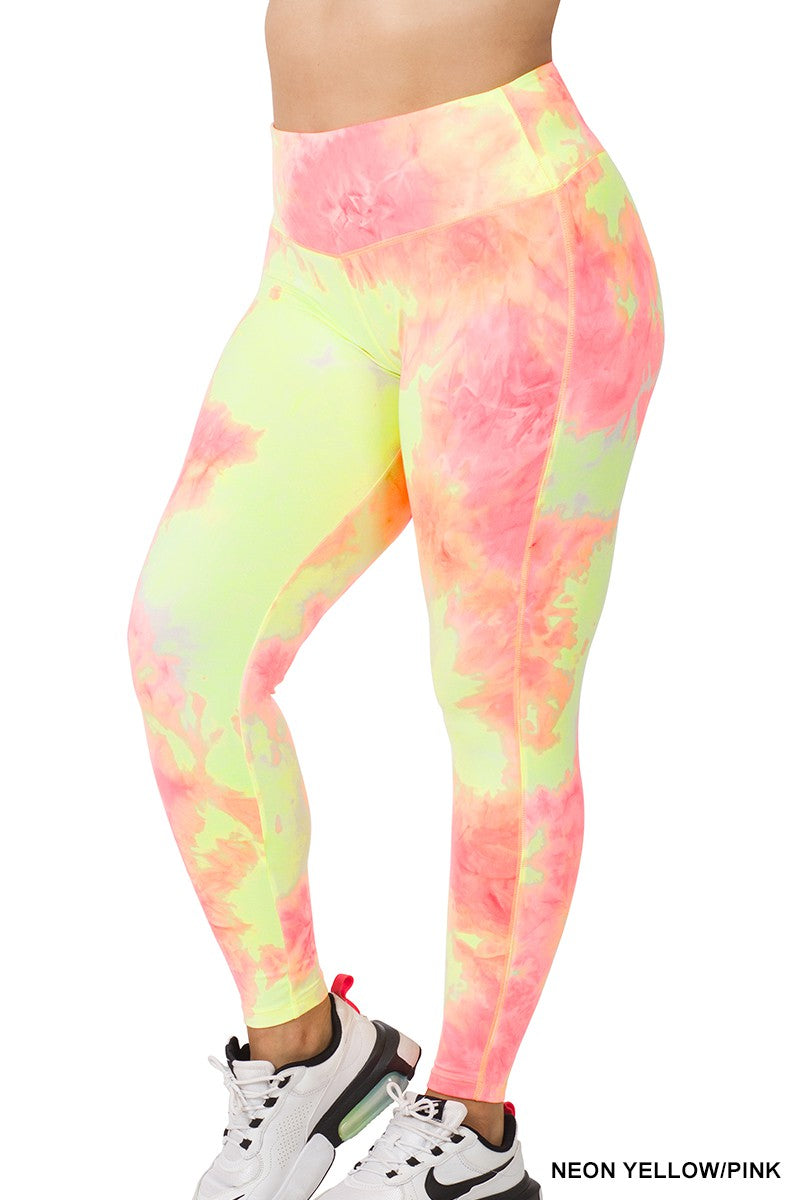 Neon Pink Yellow Tie Dye Full Length Leggings