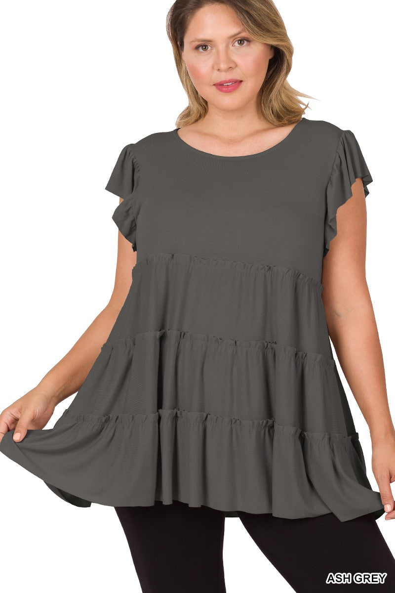 Ash Gray Ruffle Sleeve Tiered Shirt Tunic Top – Plus Size For Us