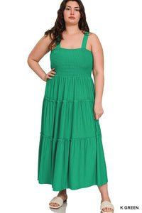 Kelly Green Smocked Top Tiered Midi Dress