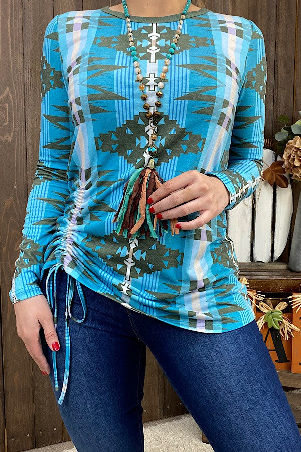 Blue Aztec Printed Shirt Top w Side Ruching