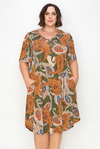 Green Orange Paisley Dress w Pockets