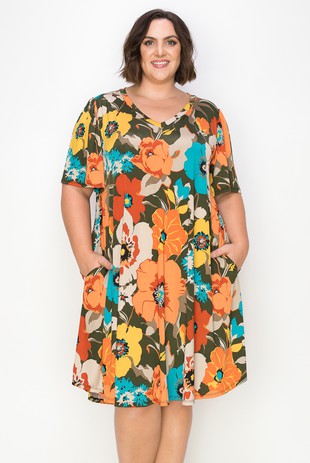 Beautiful Vibrant Orange Teal Floral Dress
